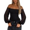 imageREORIA Womens Off The Shoulder Sheer Mesh Puff Long Sleeve Thong Bodysuit Tops Fall Outfits 2025Black