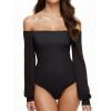 imageREORIA Womens Off The Shoulder Sheer Mesh Puff Long Sleeve Thong Bodysuit Tops Fall Outfits 2025Black