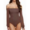 imageREORIA Womens Off The Shoulder Sheer Mesh Puff Long Sleeve Thong Bodysuit Tops Fall Outfits 2025Coffee