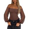 imageREORIA Womens Off The Shoulder Sheer Mesh Puff Long Sleeve Thong Bodysuit Tops Fall Outfits 2025Coffee