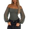 imageREORIA Womens Off The Shoulder Sheer Mesh Puff Long Sleeve Thong Bodysuit Tops Fall Outfits 2025Garden Green