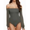 imageREORIA Womens Off The Shoulder Sheer Mesh Puff Long Sleeve Thong Bodysuit Tops Fall Outfits 2025Garden Green