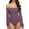 imageREORIA Womens Off The Shoulder Sheer Mesh Puff Long Sleeve Thong Bodysuit Tops Fall Outfits 2025Gray Purple