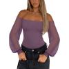 imageREORIA Womens Off The Shoulder Sheer Mesh Puff Long Sleeve Thong Bodysuit Tops Fall Outfits 2025Gray Purple