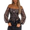 imageREORIA Womens Off The Shoulder Sheer Mesh Puff Long Sleeve Thong Bodysuit Tops Fall Outfits 2025Leopard Print