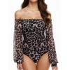 imageREORIA Womens Off The Shoulder Sheer Mesh Puff Long Sleeve Thong Bodysuit Tops Fall Outfits 2025Leopard Print