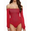 imageREORIA Womens Off The Shoulder Sheer Mesh Puff Long Sleeve Thong Bodysuit Tops Fall Outfits 2025Tomato
