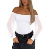 imageREORIA Womens Off The Shoulder Sheer Mesh Puff Long Sleeve Thong Bodysuit Tops Fall Outfits 2025White