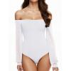 imageREORIA Womens Off The Shoulder Sheer Mesh Puff Long Sleeve Thong Bodysuit Tops Fall Outfits 2025White