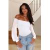 imageREORIA Womens Off The Shoulder Sheer Mesh Puff Long Sleeve Thong Bodysuit Tops Fall Outfits 2025White