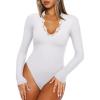 imageREORIA Womens Lace V Neck Long Sleeve Bodysuits Trendy Going Out Body Suit Tops Fall Outfits 2025White