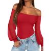 imageREORIA Womens Off The Shoulder Sheer Mesh Puff Long Sleeve Thong Bodysuit Tops Fall Outfits 2025Tomato