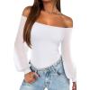 imageREORIA Womens Off The Shoulder Sheer Mesh Puff Long Sleeve Thong Bodysuit Tops Fall Outfits 2025White