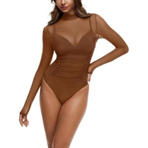 imageREORIA Turtleneck Sheer Mesh Long Sleeve Bodysuit with Mock Neck Body Suit for WomenBrown