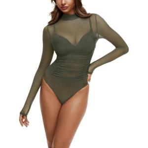 imageREORIA Turtleneck Sheer Mesh Long Sleeve Bodysuit with Mock Neck Body Suit for WomenGarden Green