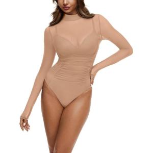 imageREORIA Turtleneck Sheer Mesh Long Sleeve Bodysuit with Mock Neck Body Suit for WomenNude
