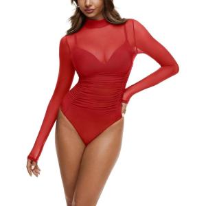 imageREORIA Turtleneck Sheer Mesh Long Sleeve Bodysuit with Mock Neck Body Suit for WomenTomato