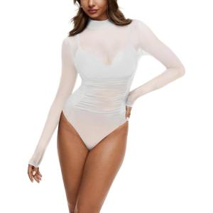 imageREORIA Turtleneck Sheer Mesh Long Sleeve Bodysuit with Mock Neck Body Suit for WomenWhite