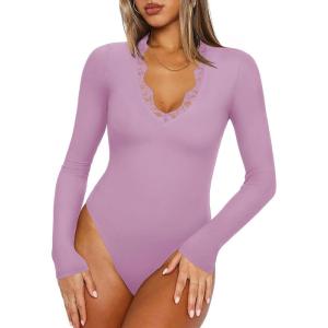 imageREORIA Womens Lace V Neck Long Sleeve Bodysuits Trendy Going Out Body Suit Tops Fall Outfits 2025Orchid Bouquet
