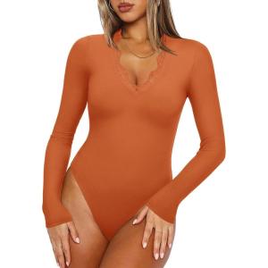imageREORIA Womens Lace V Neck Long Sleeve Bodysuits Trendy Going Out Body Suit Tops Fall Outfits 2025Pumpkin Orange