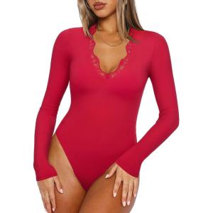 imageREORIA Womens Lace V Neck Long Sleeve Bodysuits Trendy Going Out Body Suit Tops Fall Outfits 2025Red