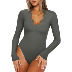 imageREORIA Womens Lace V Neck Long Sleeve Bodysuits Trendy Going Out Body Suit Tops Fall Outfits 2025Thyme Green