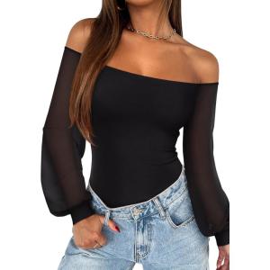 imageREORIA Womens Off The Shoulder Sheer Mesh Puff Long Sleeve Thong Bodysuit Tops Fall Outfits 2025Black