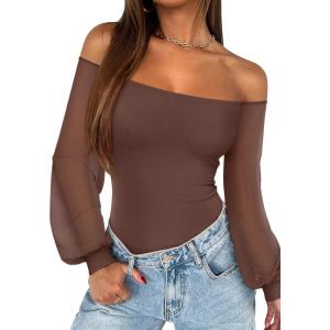 imageREORIA Womens Off The Shoulder Sheer Mesh Puff Long Sleeve Thong Bodysuit Tops Fall Outfits 2025Coffee