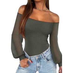 imageREORIA Womens Off The Shoulder Sheer Mesh Puff Long Sleeve Thong Bodysuit Tops Fall Outfits 2025Garden Green