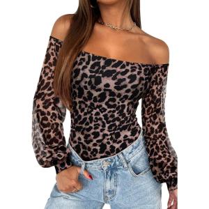 imageREORIA Womens Off The Shoulder Sheer Mesh Puff Long Sleeve Thong Bodysuit Tops Fall Outfits 2025Leopard Print