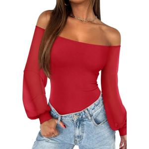 imageREORIA Womens Off The Shoulder Sheer Mesh Puff Long Sleeve Thong Bodysuit Tops Fall Outfits 2025Tomato