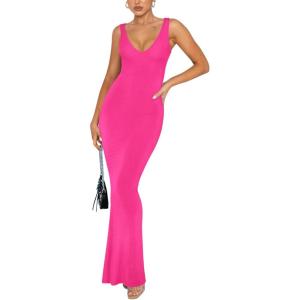 imageREORIA Womens Summer Sexy Long Dresses Deep V Neck Sleeveless V Backless Lounge Elegant Bodycon Maxi DressRose Red