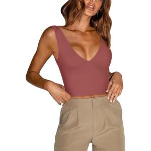 imageREORIA Butsmooth Womens Trendy Sexy Plunge Deep V Neck Sleeveless V Backless Slim Fit Going Out Crop Tank TopsMauve Red