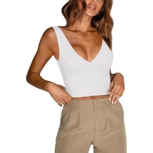 imageREORIA Butsmooth Womens Trendy Sexy Plunge Deep V Neck Sleeveless V Backless Slim Fit Going Out Crop Tank TopsOffwhite