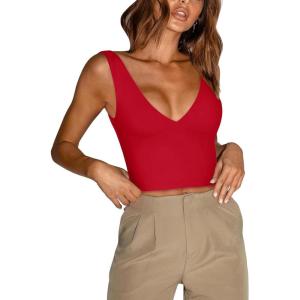 imageREORIA Butsmooth Womens Trendy Sexy Plunge Deep V Neck Sleeveless V Backless Slim Fit Going Out Crop Tank TopsRed