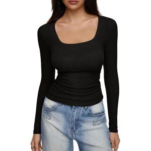 imageREORIA Long Sleeve Shirts for Women Scoop Neck Going Out Slim Basic Tshirts 2025 Trendy Tops Ribbed Knit Fall OutfitsBlack