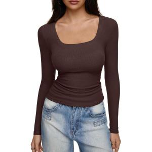 imageREORIA Long Sleeve Shirts for Women Scoop Neck Going Out Slim Basic Tshirts 2025 Trendy Tops Ribbed Knit Fall OutfitsCoffee