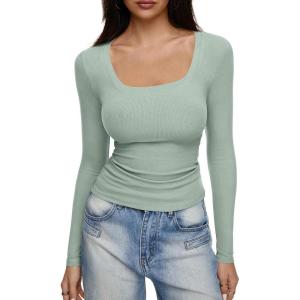 imageREORIA Long Sleeve Shirts for Women Scoop Neck Going Out Slim Basic Tshirts 2025 Trendy Tops Ribbed Knit Fall OutfitsLight Green