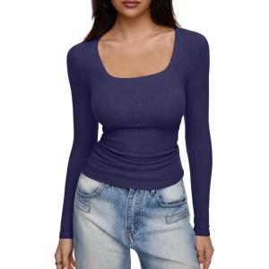 imageREORIA Long Sleeve Shirts for Women Scoop Neck Going Out Slim Basic Tshirts 2025 Trendy Tops Ribbed Knit Fall OutfitsNavy Blue