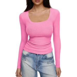 imageREORIA Long Sleeve Shirts for Women Scoop Neck Going Out Slim Basic Tshirts 2025 Trendy Tops Ribbed Knit Fall OutfitsPink