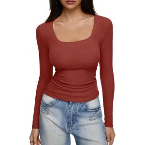 imageREORIA Long Sleeve Shirts for Women Scoop Neck Going Out Slim Basic Tshirts 2025 Trendy Tops Ribbed Knit Fall OutfitsRust
