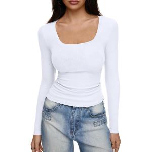 imageREORIA Long Sleeve Shirts for Women Scoop Neck Going Out Slim Basic Tshirts 2025 Trendy Tops Ribbed Knit Fall OutfitsWhite