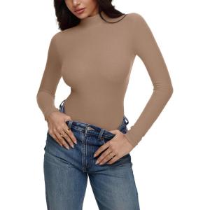 imageREORIA Womens Turtleneck Tops Slim Ribbed Knit Basic Mock Neck Long Sleeve Shirts 2025 Fall Winter Layering OutfitsKhaki