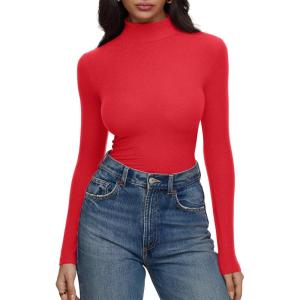 imageREORIA Womens Turtleneck Tops Slim Ribbed Knit Basic Mock Neck Long Sleeve Shirts 2025 Fall Winter Layering OutfitsRed