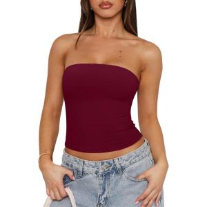 imageREORIA Womens Y2K Strapless Backless Tube Top Double Lined Sleeveless Crop Tank Top for Summer 2025 Going OutBurgundy