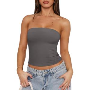 imageREORIA Womens Y2K Strapless Backless Tube Top Double Lined Sleeveless Crop Tank Top for Summer 2025 Going OutDark Grey