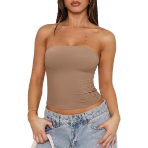 imageREORIA Womens Y2K Strapless Backless Tube Top Double Lined Sleeveless Crop Tank Top for Summer 2025 Going OutDark Khaki