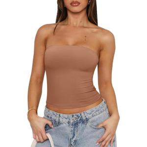 imageREORIA Womens Y2K Strapless Backless Tube Top Double Lined Sleeveless Crop Tank Top for Summer 2025 Going OutKhaki