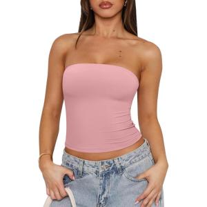 imageREORIA Womens Y2K Strapless Backless Tube Top Double Lined Sleeveless Crop Tank Top for Summer 2025 Going OutPink Dolphin