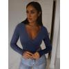 imageREORIA Womens Sexy Deep V Neck Bodysuit Cross Wrap Bodysuit Long Sleeve Double Lined Top Going Out OutfitsDark Denim